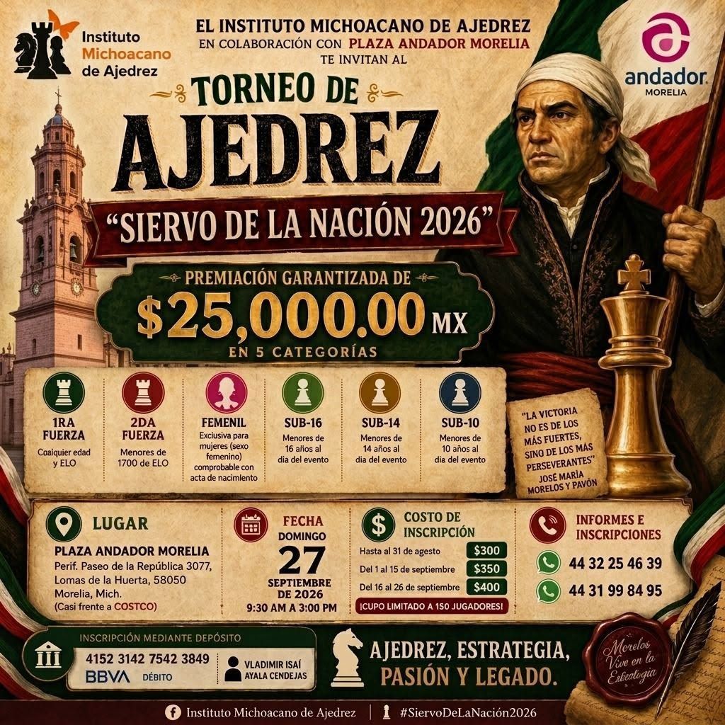 Cartel marrón del Torneo de Ajedrez “Siervo de la Nación 2026” con premio de $25,000 MXN y retrato de ajedrecista.