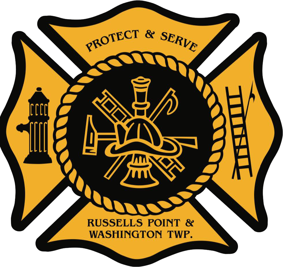 Yellow and black emblem for Russells Point & Washington Twp. Fire Department featuring traditional firefighting tools.
