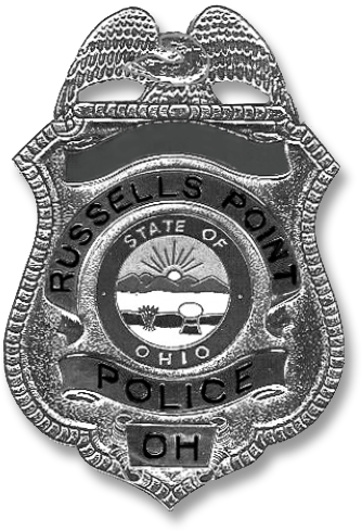 A silver Russells Point, Ohio police badge featuring the state seal in the center and an eagle emblem at the top.