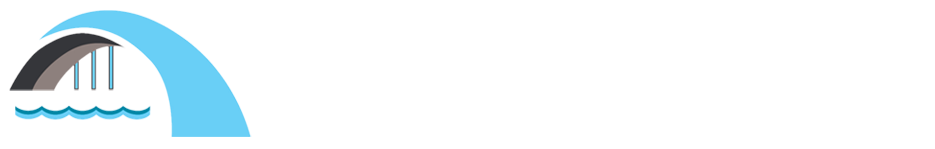A minimalist logo featuring a stylized grey arch bridge over a light blue water wave.