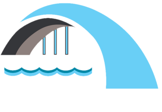 A logo showing a grey bridge arch, three vertical blue supports, and a blue wave symbol underneath a large blue arc.