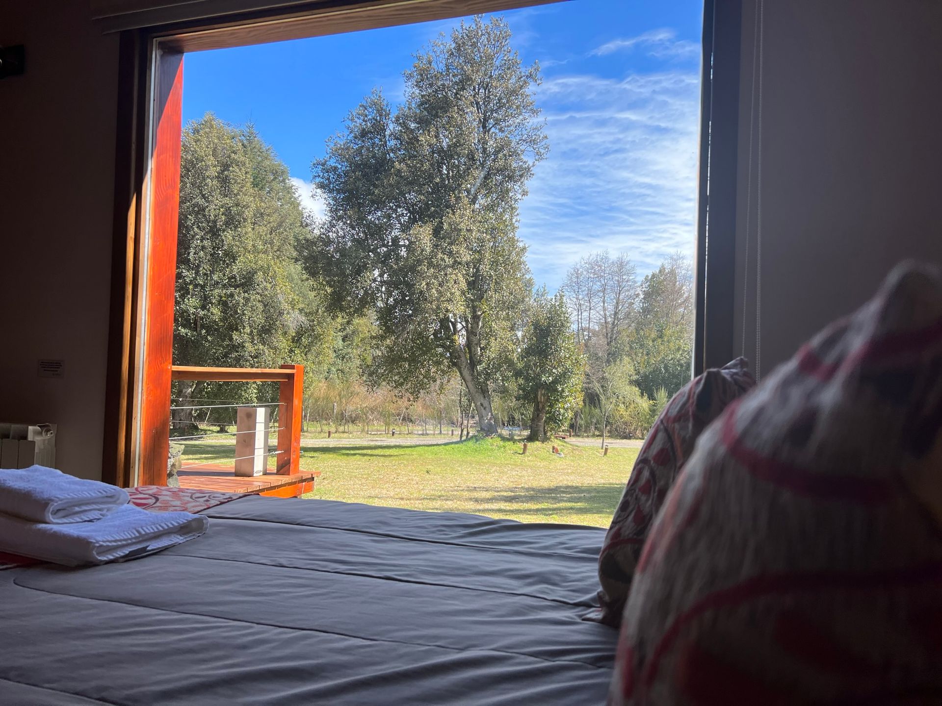Vista desde una cama a través de una gran puerta abierta que da a un paisaje soleado y cubierto de hierba con grandes árboles.