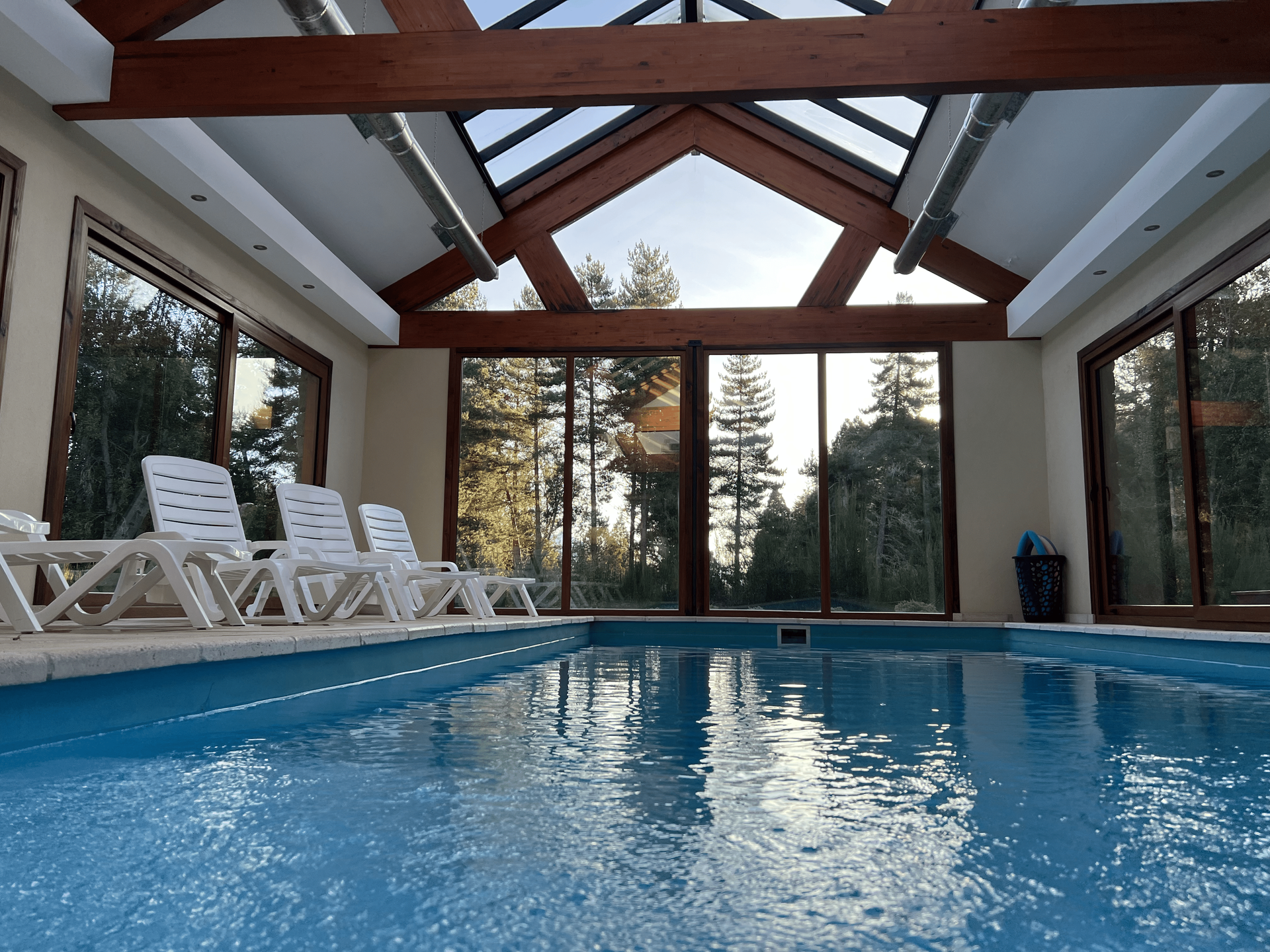 Piscina cubierta con tres tumbonas blancas, bajo un techo de cristal con estructura de madera, con vistas a un bosque de pinos.
