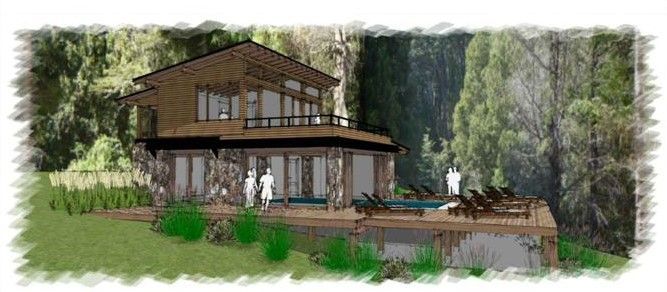 Una villa rústica de dos plantas con base de piedra, planta superior de madera y terraza con piscina, situada en un entorno boscoso.