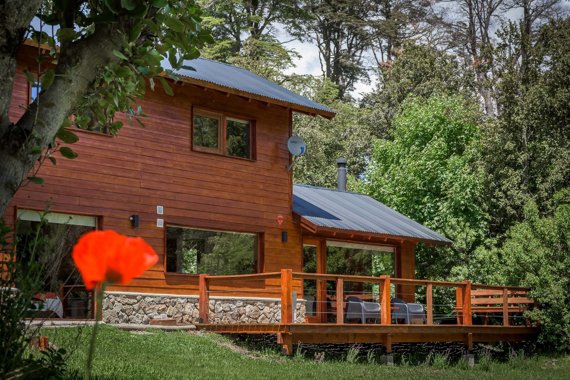 Una cabaña de madera de dos plantas, enclavada en un frondoso bosque, con una amplia terraza, cimientos de piedra y una llamativa amapola naranja.
