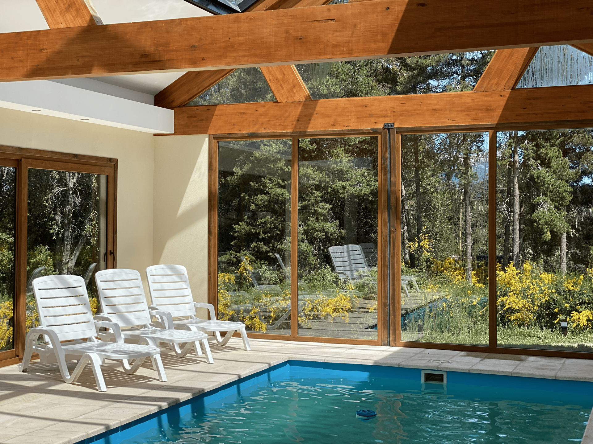Piscina cubierta con tres tumbonas blancas en una terraza acristalada con vigas de madera y grandes ventanales.