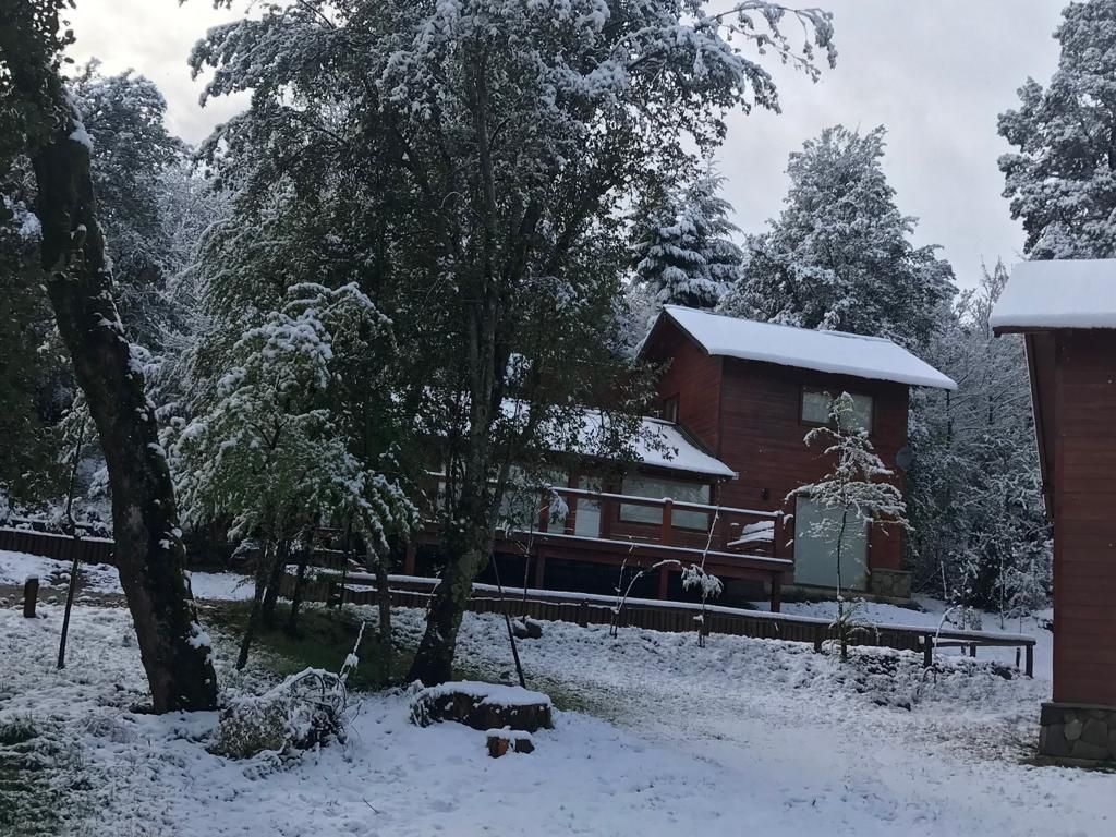 Una cabaña de madera marrón de dos pisos rodeada de árboles cubiertos de nieve y con una ligera capa de nieve en el suelo.