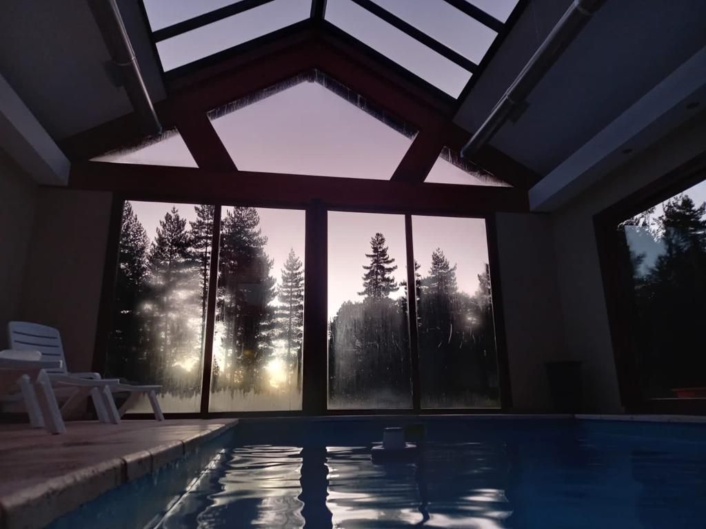 Piscina cubierta con paredes y techo de cristal con vistas a un bosque al atardecer, con sillas blancas en la terraza.