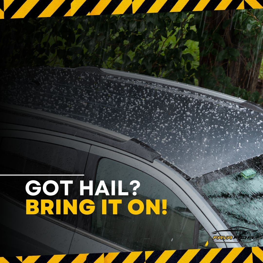 Car roof being pelted by hail with text that reads