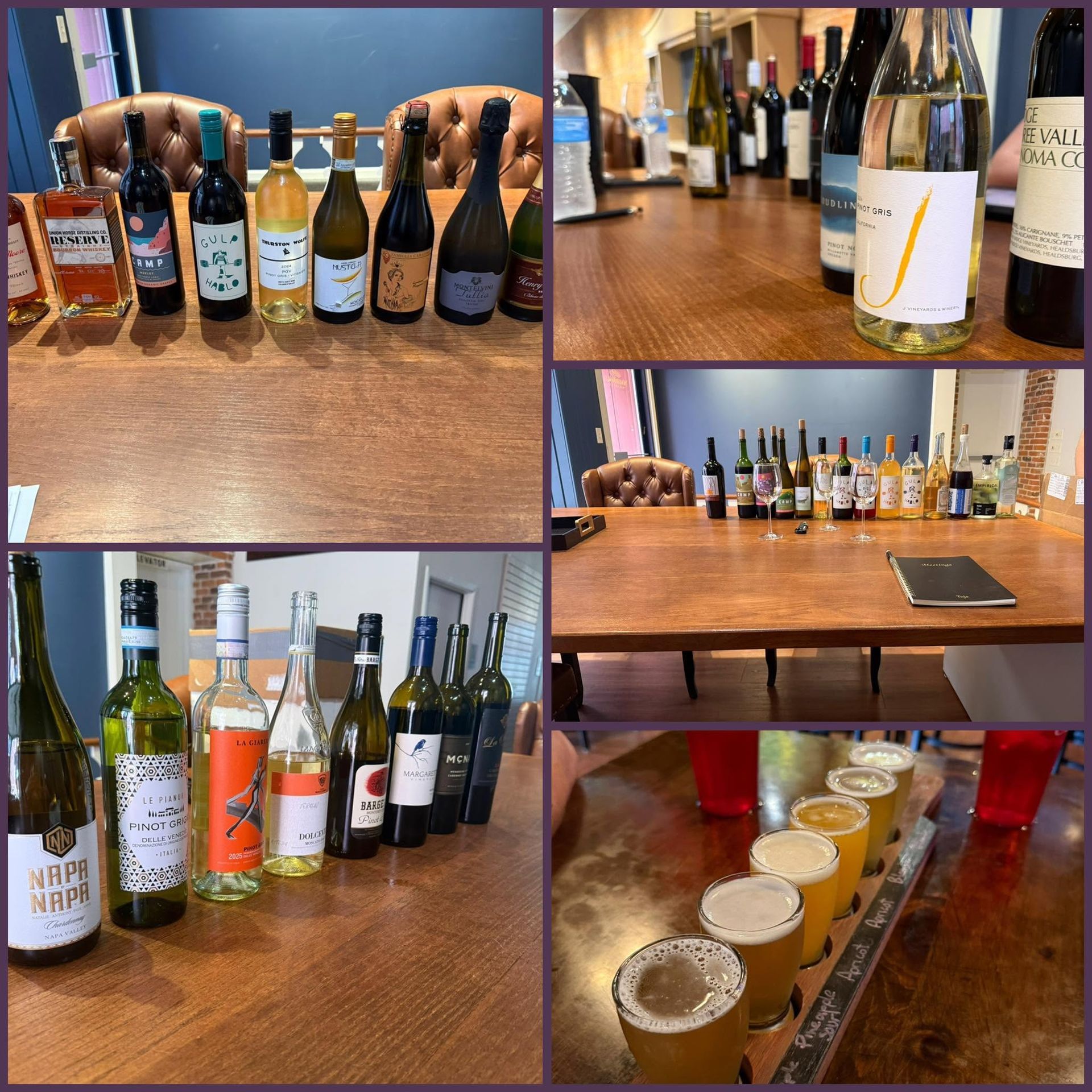 Collage of beer bottles and tasting glasses arranged on a wooden table in a bar or brewery tasting room