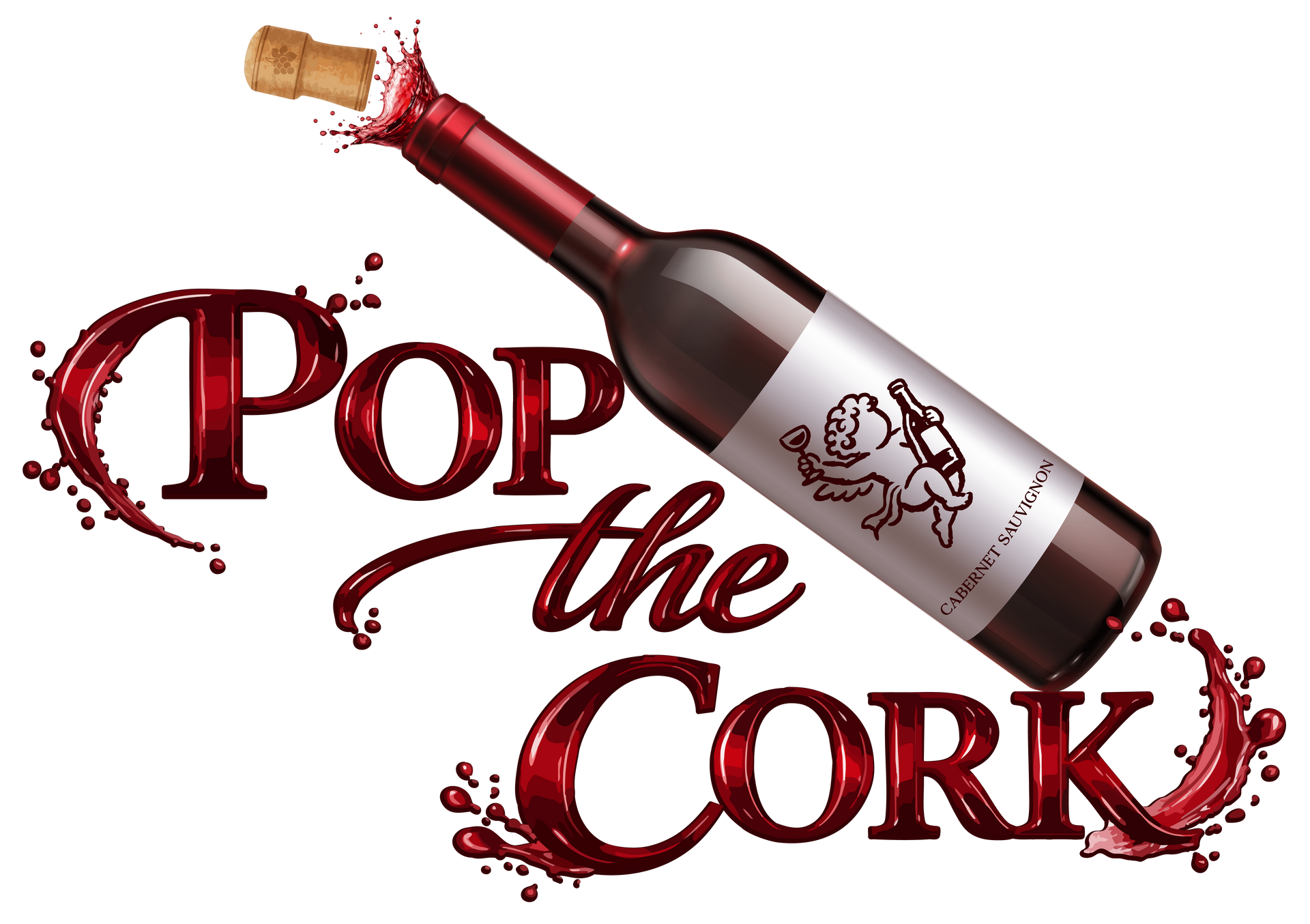 Pop the Cork wine-themed graphic with a tilted bottle and cork popping out in red script.