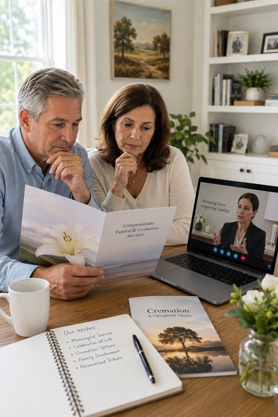 a family planning a funeral or cremation from afar through online