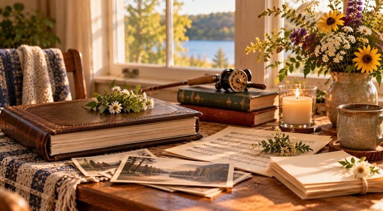 Memory album, fishing rod, photos, and flowers displayed near funeral homes in Rothschild, WI