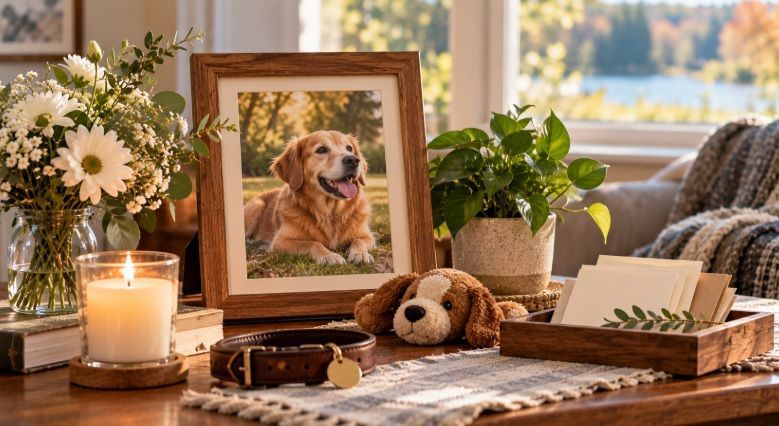 Pet memorial photo, flowers, and keepsakes displayed near funeral homes in Rothschild, WI