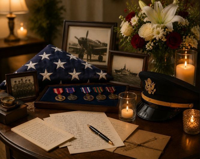 Veteran memorial display with flag and medals at funeral homes in Rothschild, WI