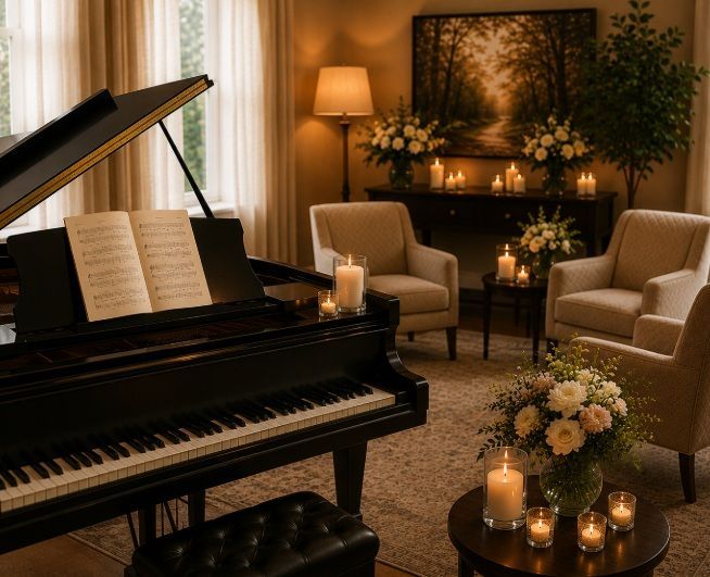 Grand piano with flowers creating a peaceful setting for a personalized memorial service at Schofield, WI