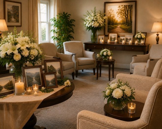 Peaceful memorial gathering room with flowers and candles at funeral homes in Schofield, WI