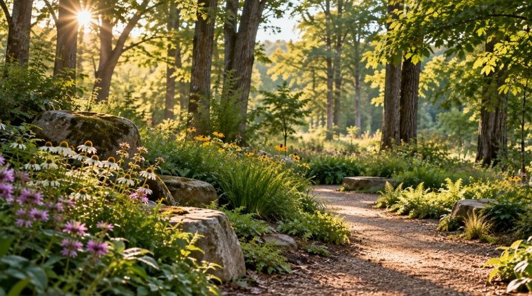 Peaceful woodland path and wildflowers near funeral homes in Schofield, WI