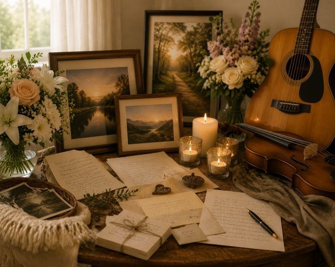 Personal keepsakes and flowers arranged to celebrate a unique life with warmth and meaning at Weston
