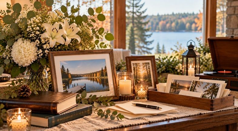 Memorial photos, flowers, and candles displayed at funeral homes in Weston, WI