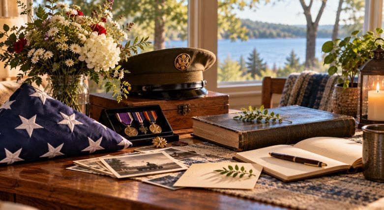 Military flag, medals, and service keepsakes displayed near funeral homes in Weston, WI