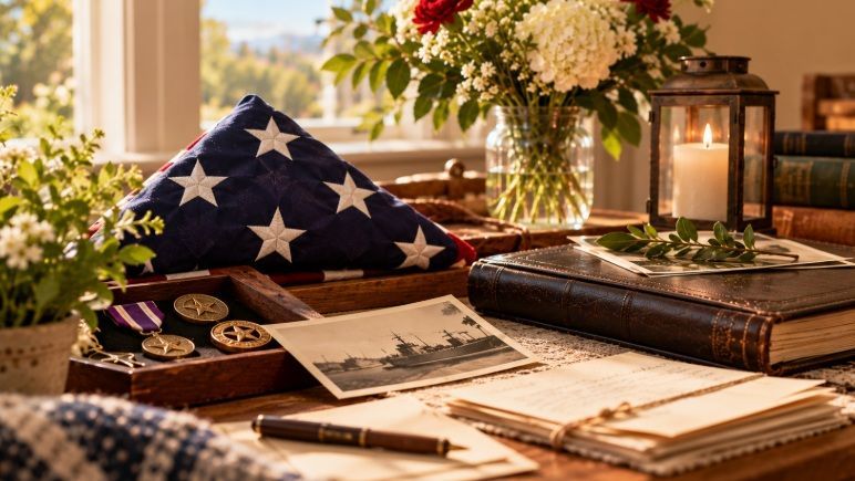 Folded flag, military medals, and service memories displayed near funeral homes in Weston, WI