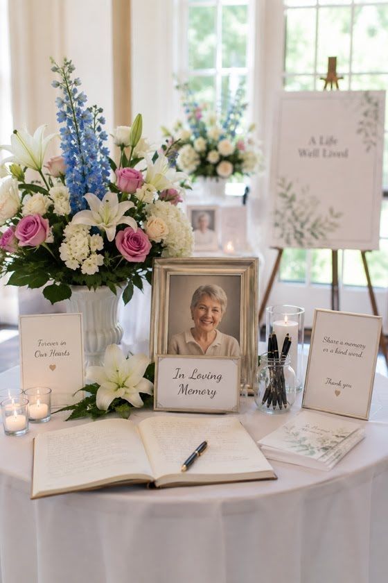 peaceful memorial service setup with flowers and tribute materials