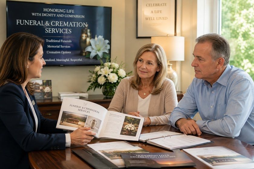 Caring funeral director speaking with a family planning services for Rothschild loved ones