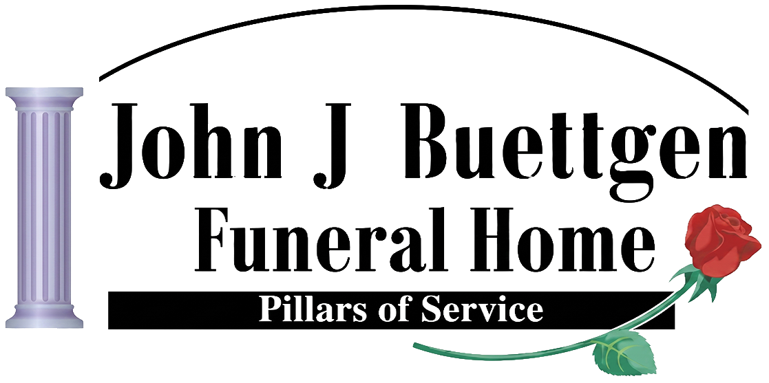John J Buettgen Funeral Home logo with a white pillar, black text, red rose, and &ldquo;Pillars of Service&rdquo; tagline