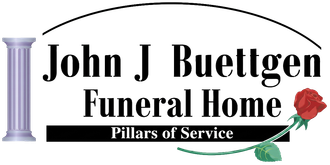 John J Buettgen Funeral Home logo with a white pillar, black text, red rose, and &ldquo;Pillars of Service&rdquo; tagline