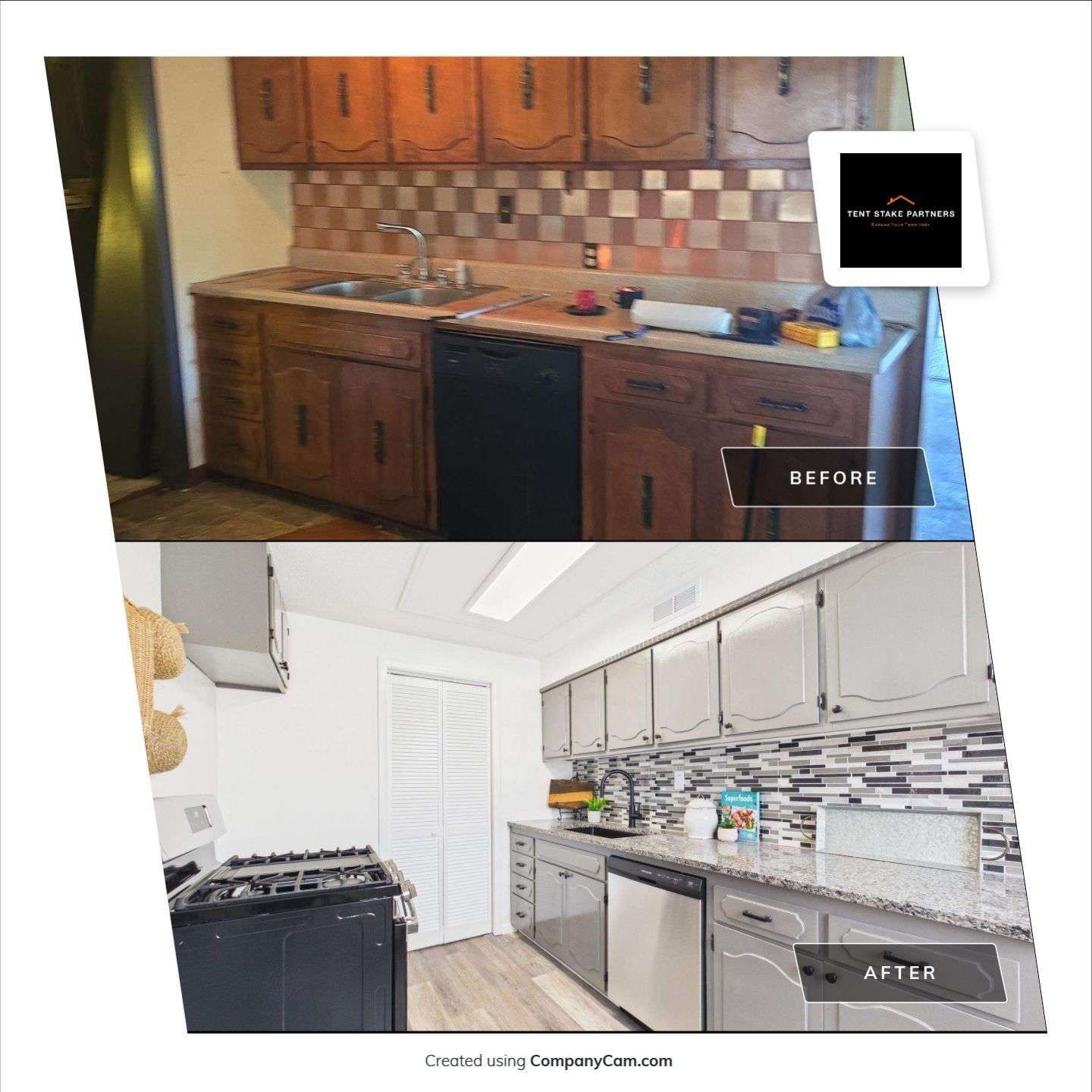 Before and After of Kitchen with new backsplash, flooring, counters, and cabinet paint