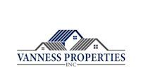 Logo for Vanness Properties, featuring three house outlines and company name. Blue, gray, and white colors.