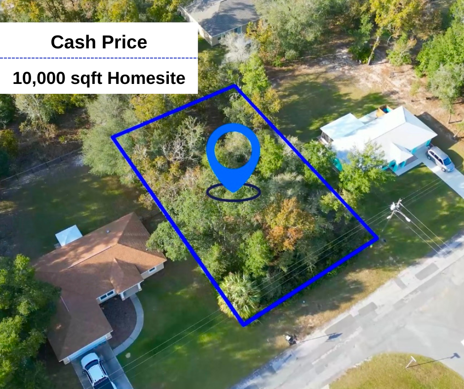 Aerial view of a 10,000 sq ft homesite with a blue outline. Includes a location marker and text 