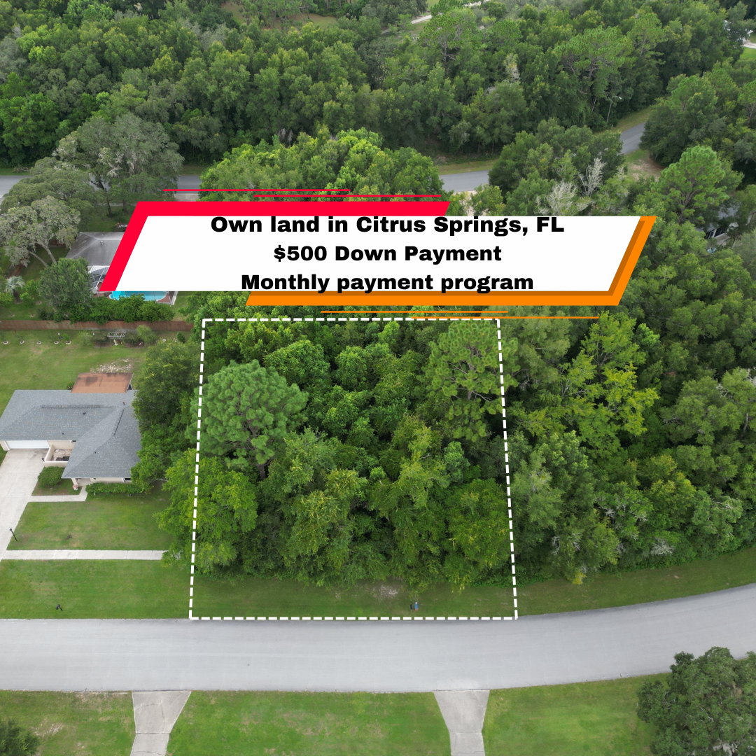 Aerial view of a wooded lot in Citrus Springs, FL with a street in front and text offering land with a $500 down payment.