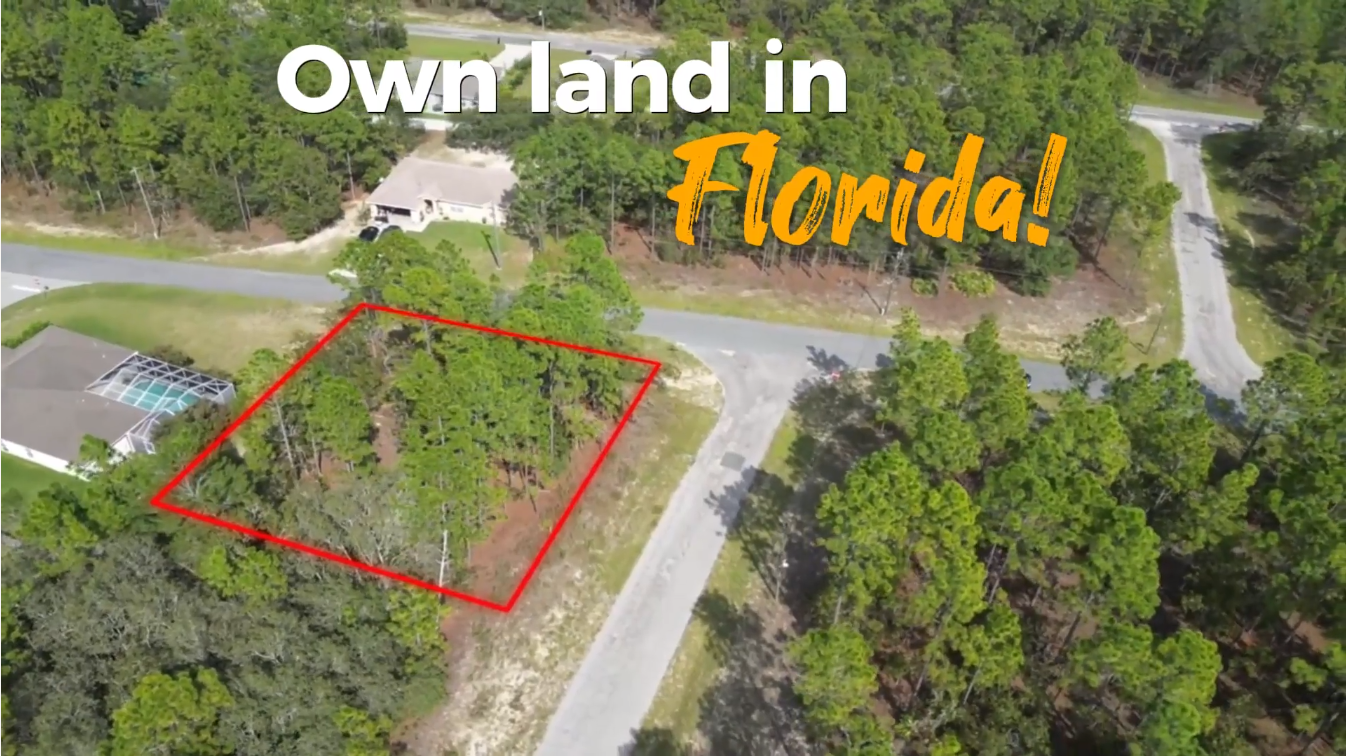 Aerial view of vacant Florida land marked with a red square, trees, and text overlay: 