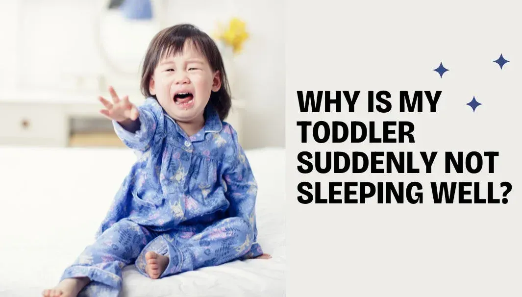 A crying toddler in pajamas on a bed; text asks