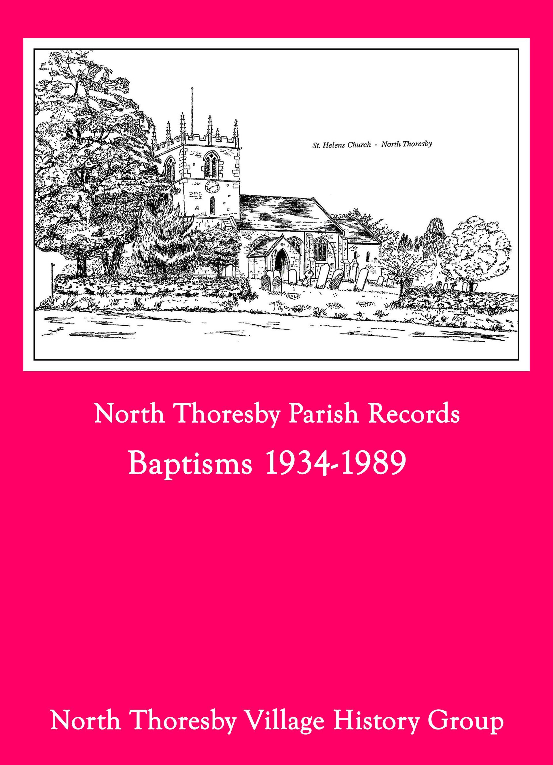 Pink book cover titled “North Thoresby Parish Records Baptisms 1934-1989” with village sketch at top