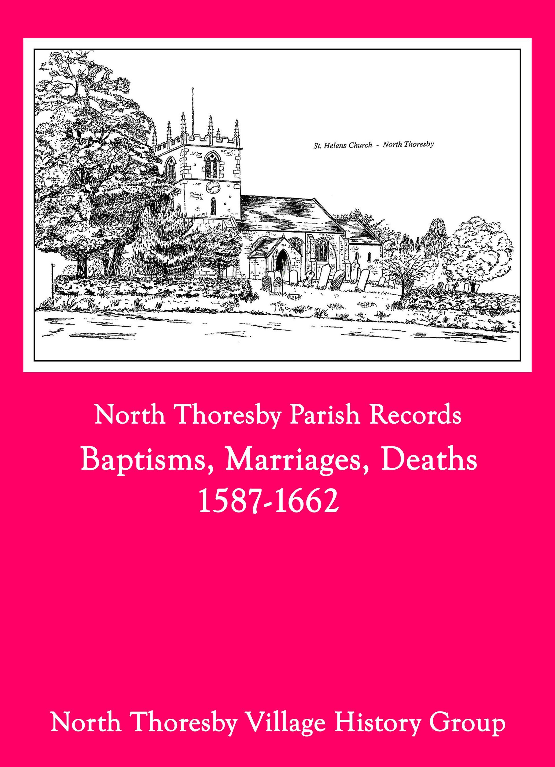 Pink book cover for North Thoresby Parish Records: Baptisms, Marriages, Deaths 1587-1662, with village sketch