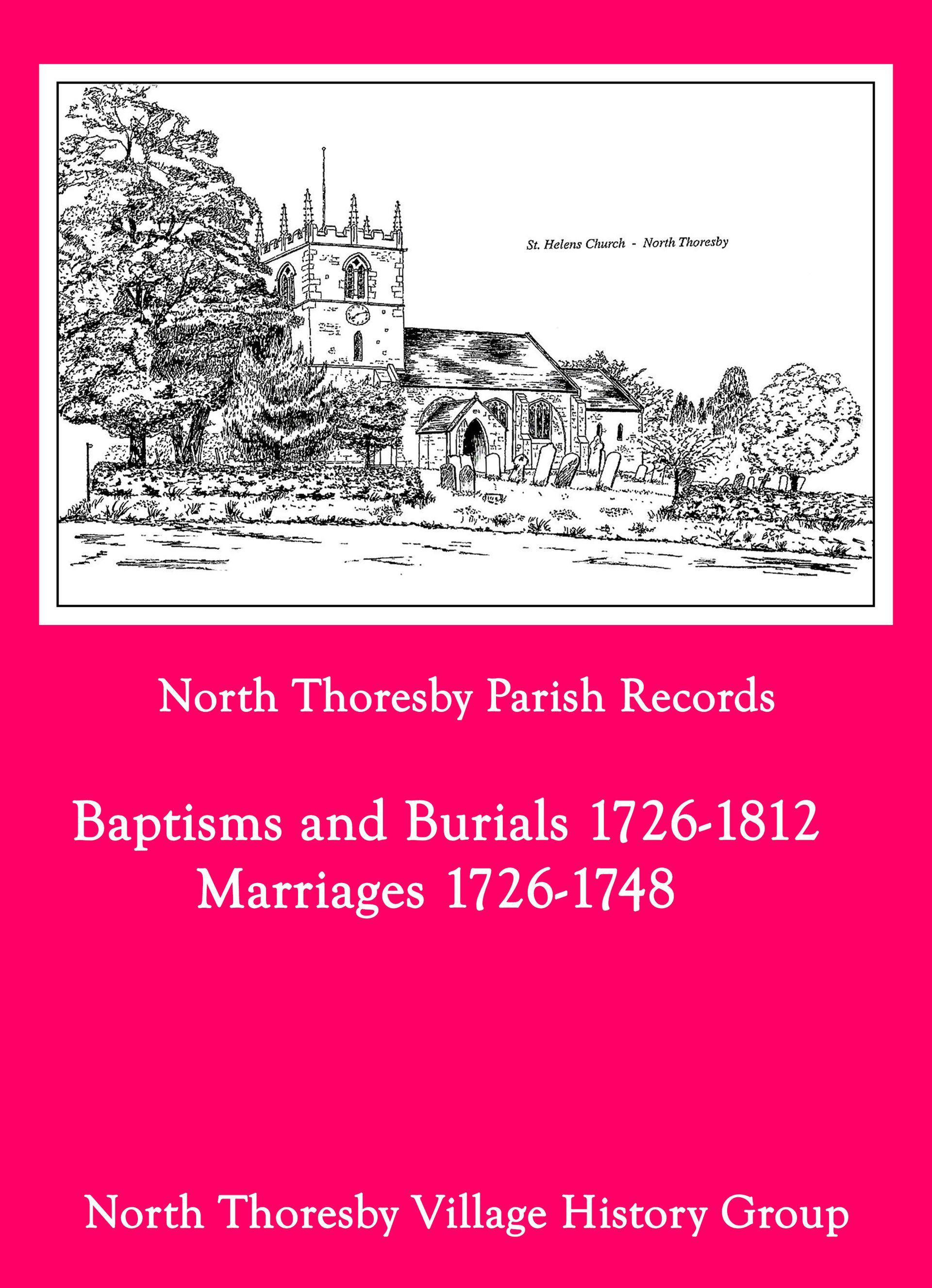 Pink cover of North Thoresby Parish Records with a black-and-white village sketch at top and white title text