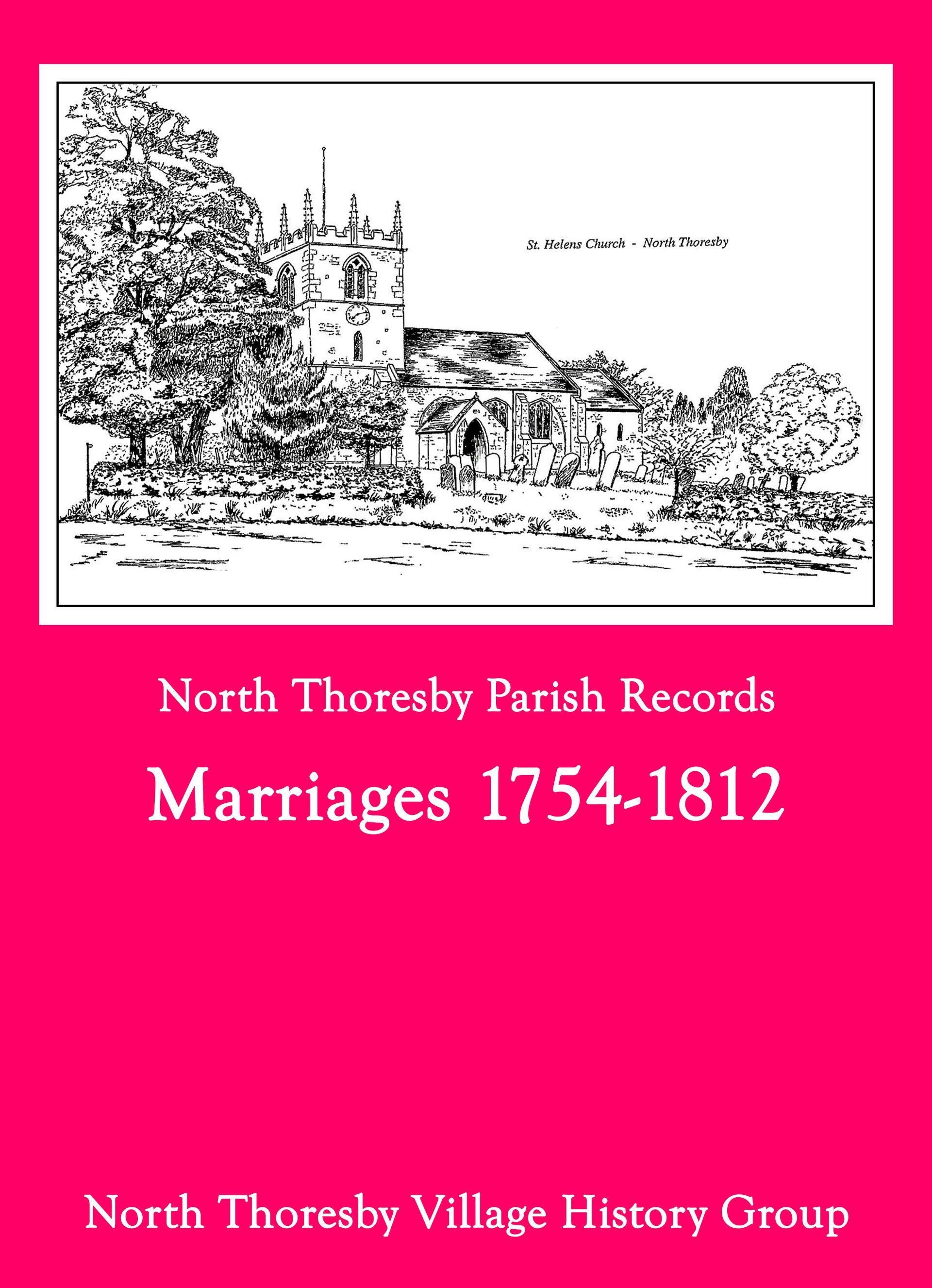 Pink cover with sketch of village scene and text: “North Thorby Parish Records, Marriages 1813–1837.”