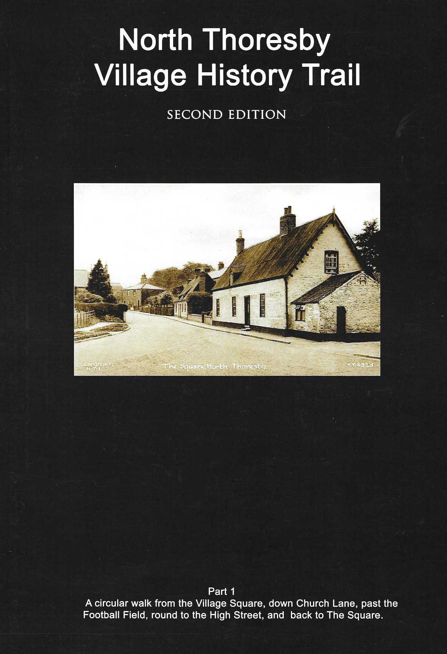 Book cover titled “North Thoresby Village History Trail” with a sepia photo of a village street and stone buildings