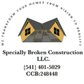 Specially Broken Construction LLC logo with yellow house, phone number, and CCB license number