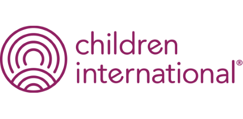 The children international logo is purple and white with a circle in the middle.