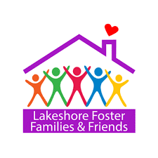 The logo for lakeshore foster families and friends shows a house with a heart on the chimney.