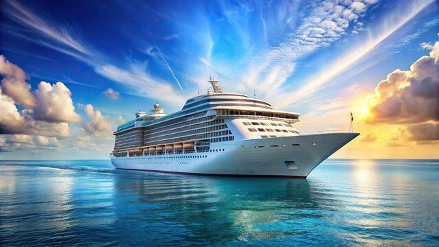 Large white cruise ship sailing on calm blue ocean at sunset under a dramatic sky