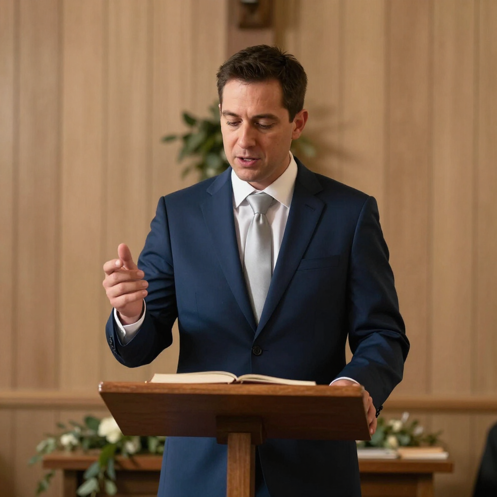 Man in a blue suit speaking at a wooden podium in a wood-paneled room