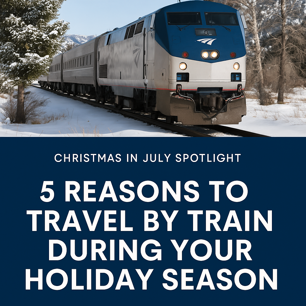 Amtrak train on snow-covered tracks,