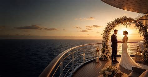 A couple standing under a floral arch on a ship deck at sunset, overlooking the ocean.