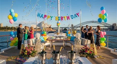 Outdoor birthday party by the water with “Happy Birthday” banner, balloons, guests, and tables set for celebration
