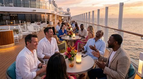 People dining on a sunset cruise deck overlooking the ocean and city skyline